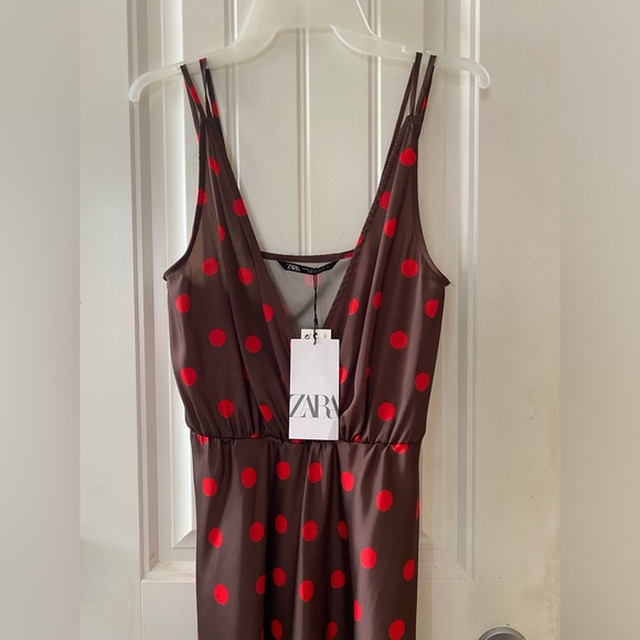 Zara Women’s Brown Red Polka Dot Satin Feel Spaghetti Strap MIDI Dress NWT XS - Picture 5 of 8